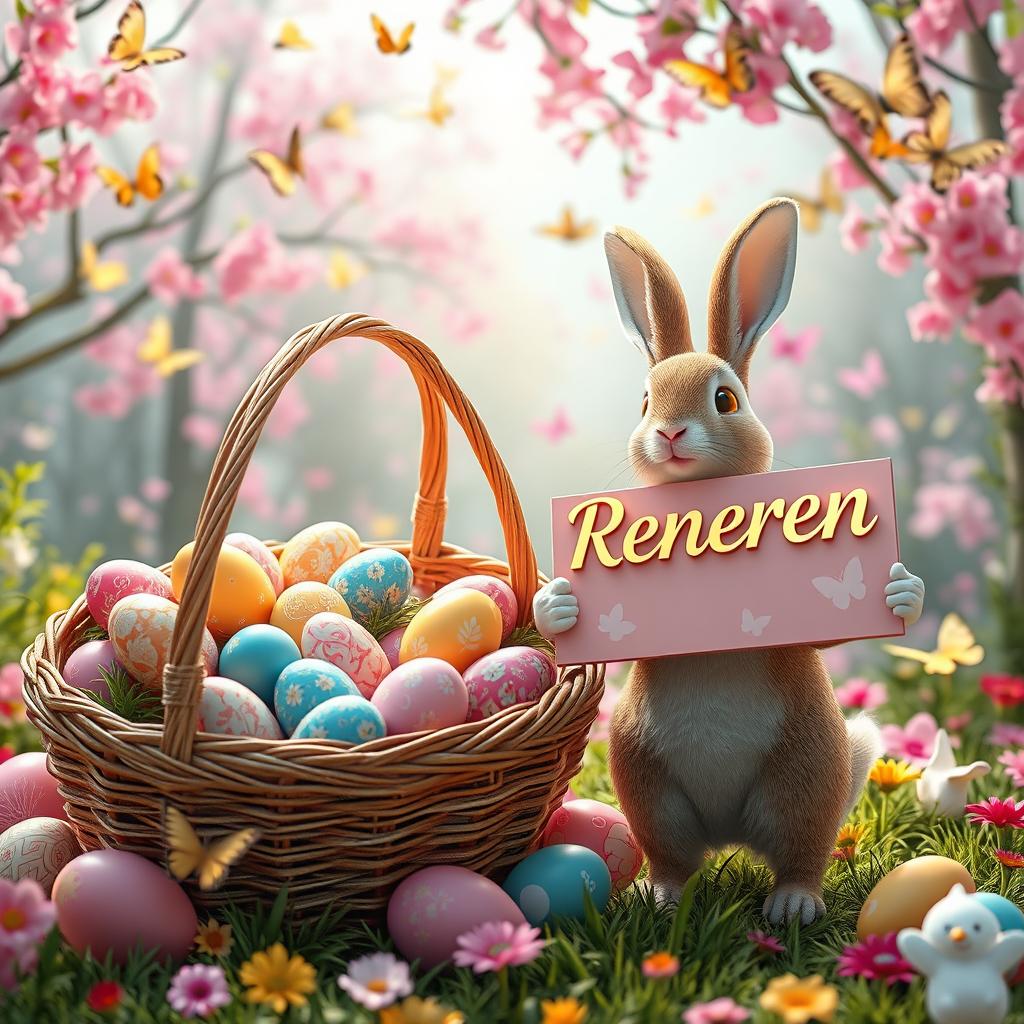 A captivating 3D rendering of an Easter scene filled with vibrant colors, showcasing a stunning overflowing basket brimming with intricately detailed Easter eggs