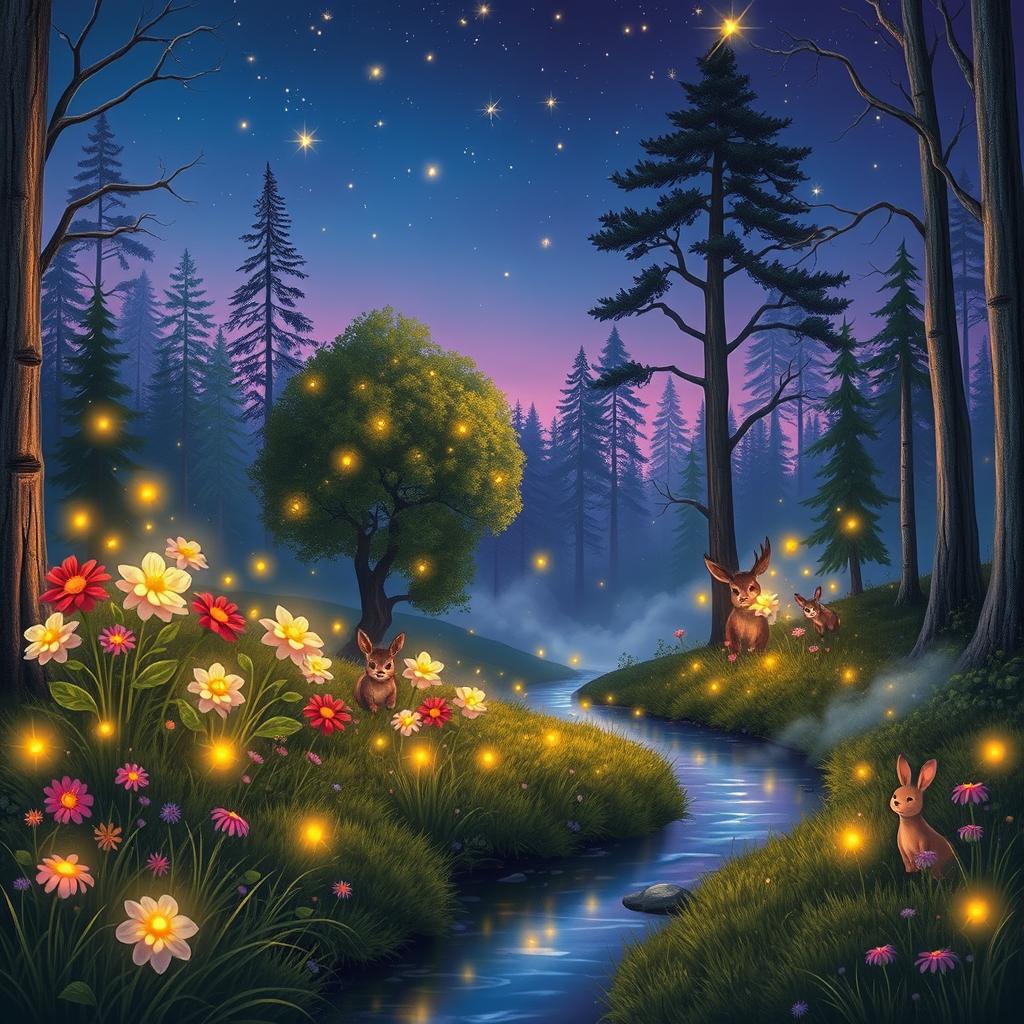 An enchanting forest scene at dusk, featuring luminous fireflies dancing around vibrant, oversized flowers