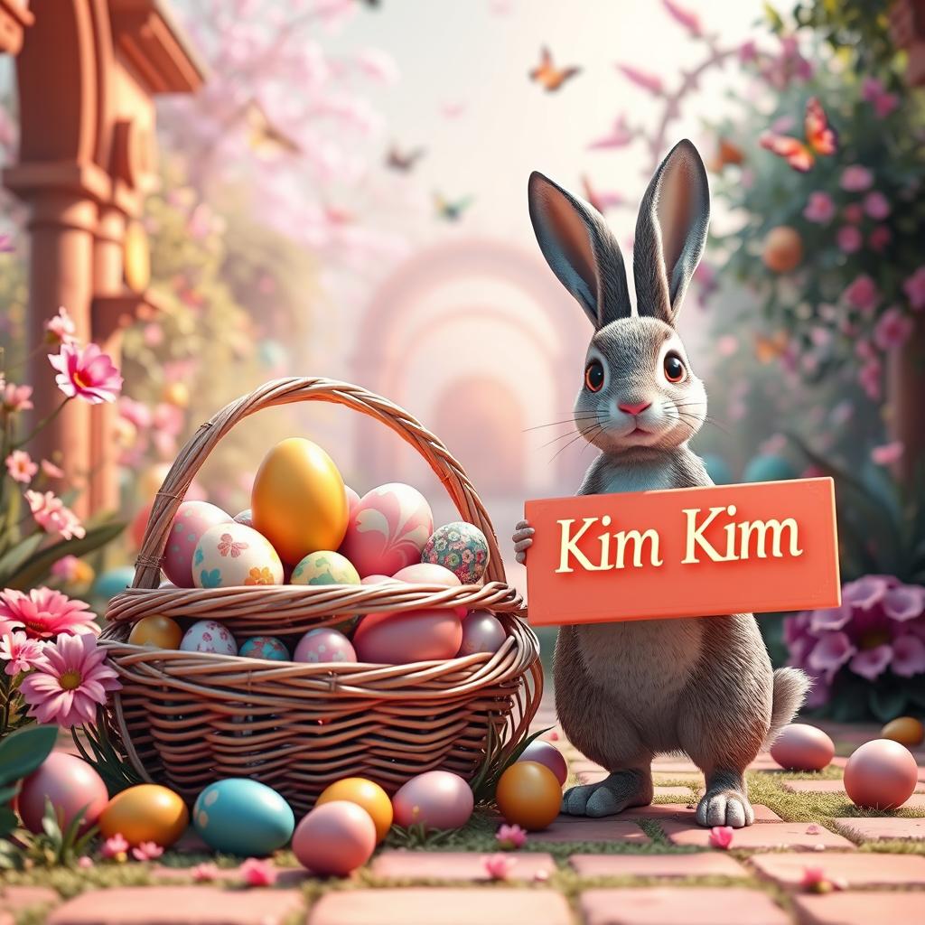A captivating and vibrant 3D rendering of an Easter scene, featuring a stunning and overflowing basket of intricately detailed Easter eggs