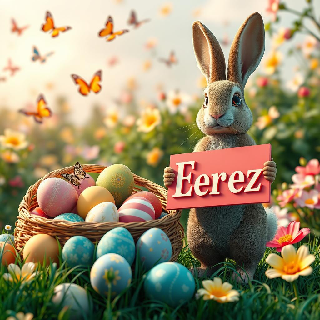 A captivating and vibrant 3D rendering of an Easter scene, showcasing a stunning basket overflowing with intricately detailed Easter eggs in a variety of colors and patterns