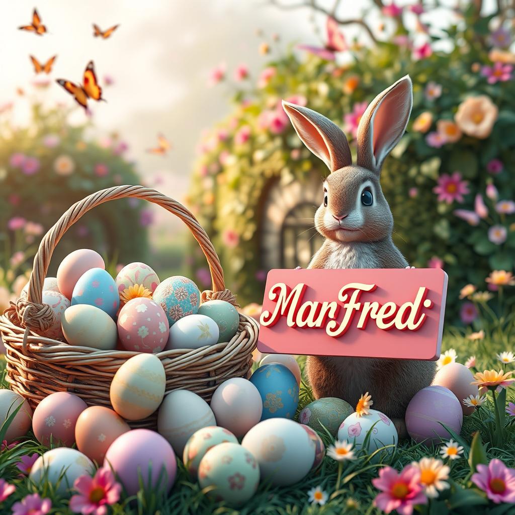 A captivating and vibrant 3D rendering of an Easter scene, showcasing a stunning, overflowing basket filled with intricately detailed Easter eggs in various colors and patterns