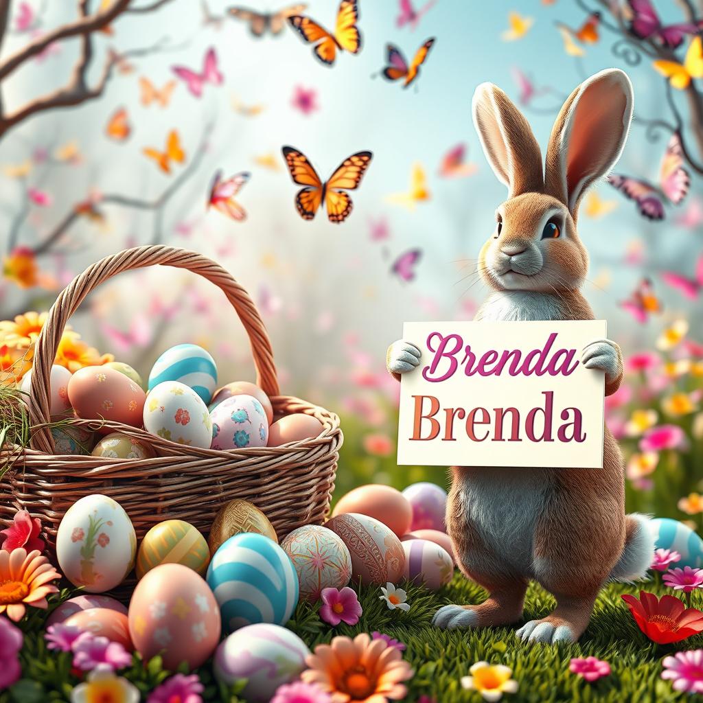 A captivating and vibrant 3D rendering of an Easter scene, featuring a stunning, overflowing basket of intricately detailed Easter eggs in an array of colors and patterns