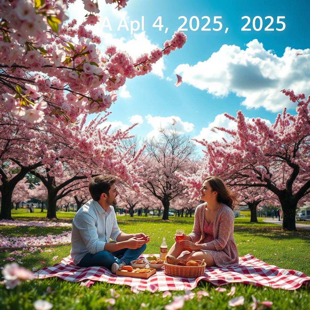 A beautiful spring day on April 4, 2025, featuring cherry blossom trees in full bloom, with petals gently falling in the breeze