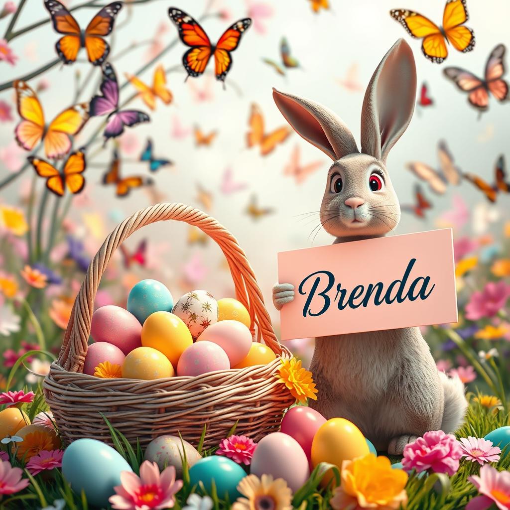 A captivating and vibrant 3D rendering of an Easter scene, featuring a stunning, overflowing basket of intricately detailed Easter eggs in bright, pastel colors
