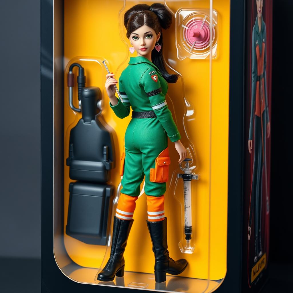 A collectible action figure of a young female nurse named Rafaela De Bastiani, aged 23, with a light skin tone