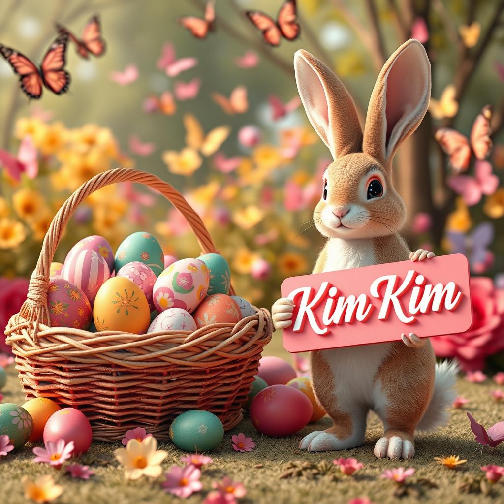 A captivating and vibrant 3D rendering of an Easter scene, featuring a stunning, overflowing basket of intricately detailed Easter eggs in a variety of bright colors and playful designs