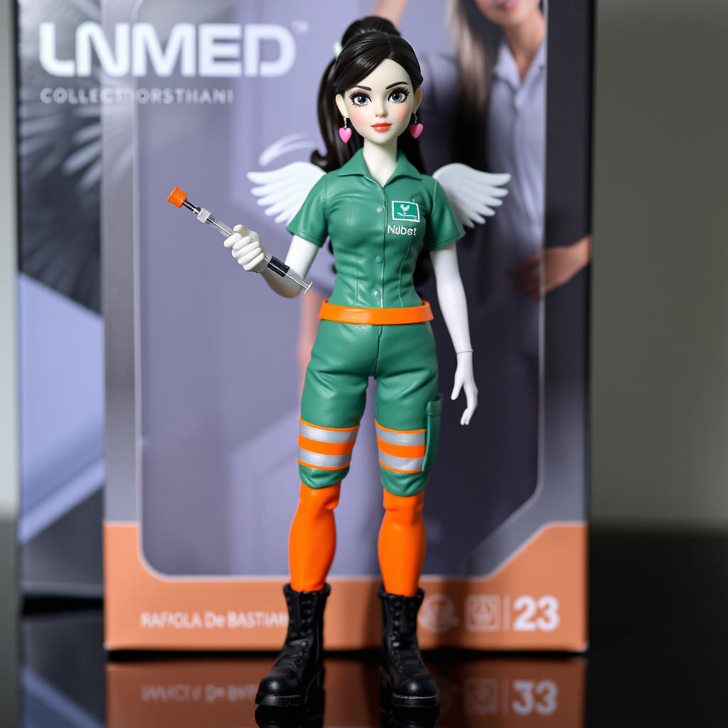 A collectible figure of a female nurse named Rafaela De Bastiani from Unimed, aged 23