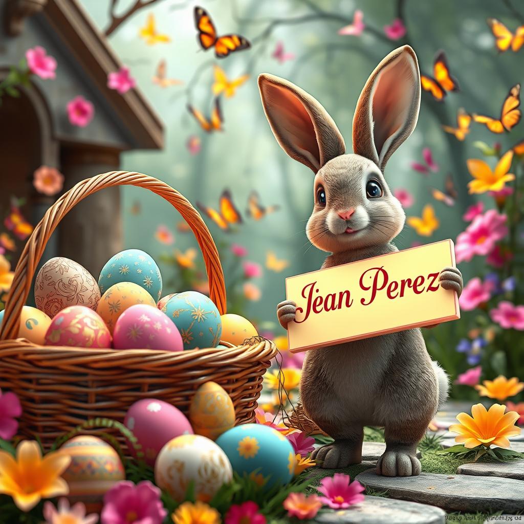 A captivating and vibrant 3D rendering of an Easter scene, featuring a stunning, overflowing basket of intricately detailed Easter eggs in a variety of bright hues and intricate designs