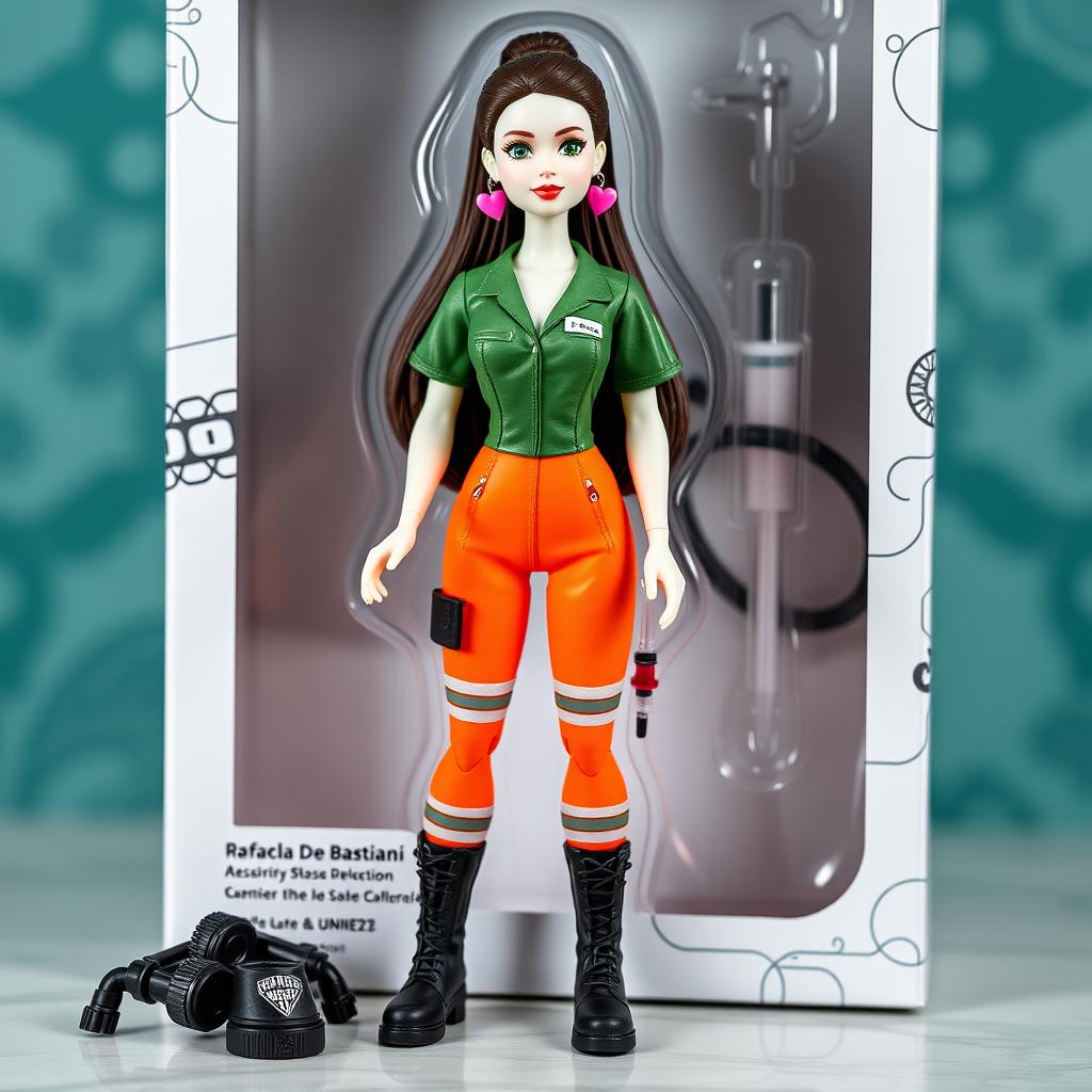 A collectible figure of a female nurse named Rafaela De Bastiani from Unimed, aged 23