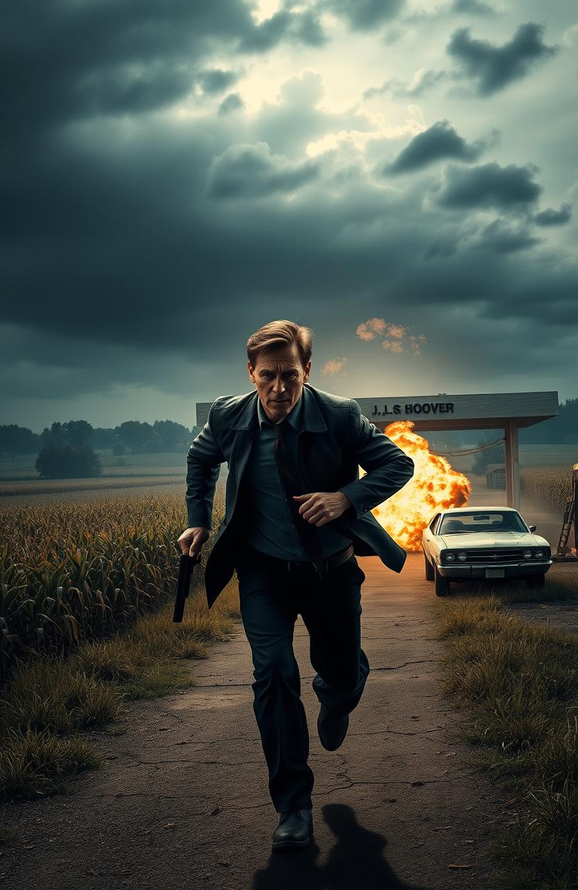 A dramatic and sinister scene in portrait format featuring an abandoned gas station, surrounded by a sprawling cornfield under a dark, moody sky
