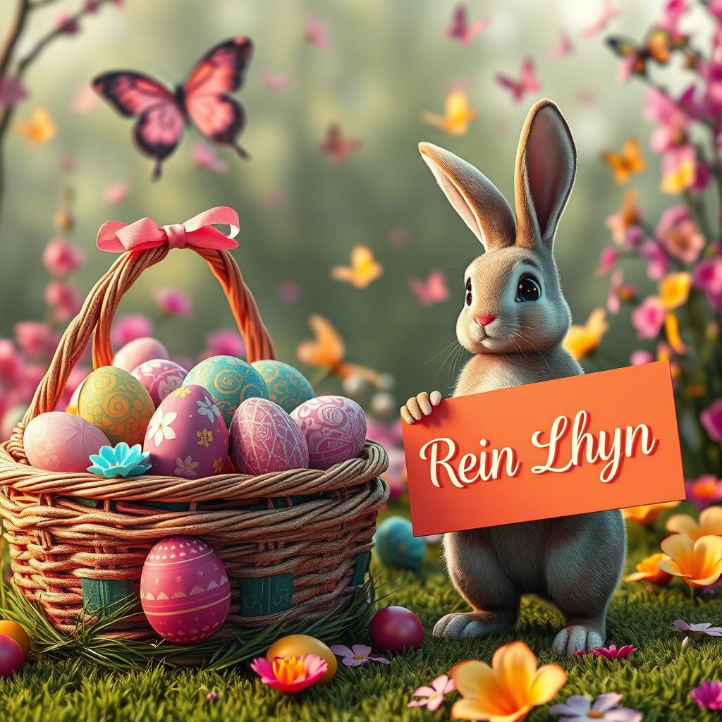 A captivating and vibrant 3D rendering of an Easter scene, showcasing a stunning, overflowing basket filled with intricately detailed Easter eggs adorned with vibrant patterns and colors