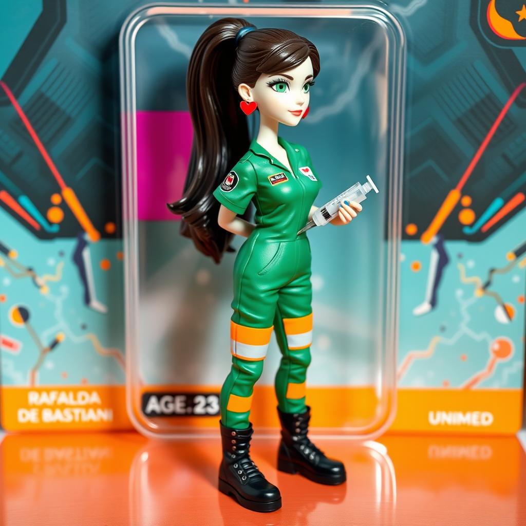 A collectible figure of a female nurse named Rafaela De Bastiani from Unimed, aged 23