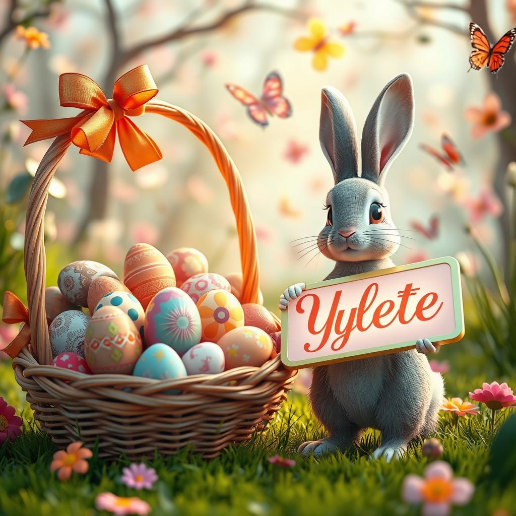 A captivating and vibrant 3D rendering of an Easter scene, showcasing a stunning, overflowing basket filled with intricately detailed Easter eggs featuring colorful patterns and designs