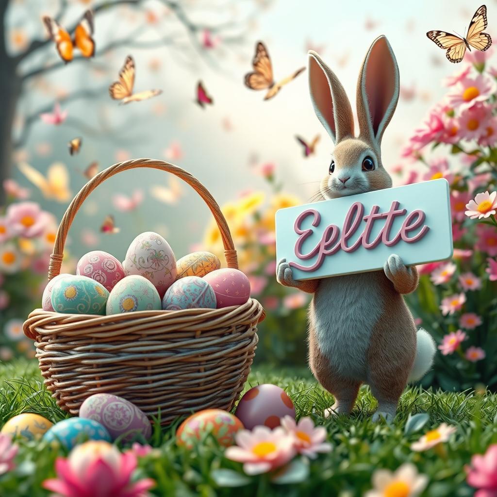 A captivating and vibrant 3D rendering of an Easter scene, featuring a stunning, overflowing basket filled with intricately detailed Easter eggs showcasing a variety of vibrant colors and intricate patterns