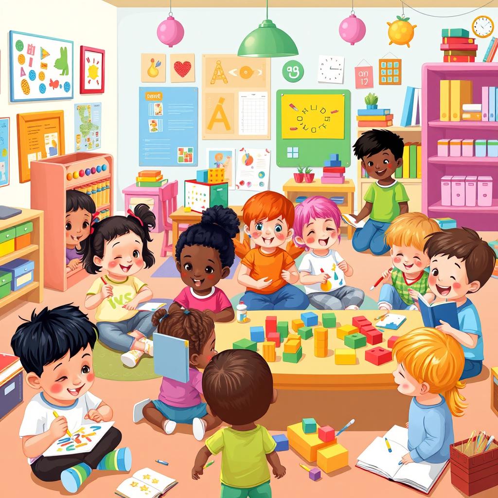 A vibrant, colorful illustration of a preschool classroom with young children engaged in various activities