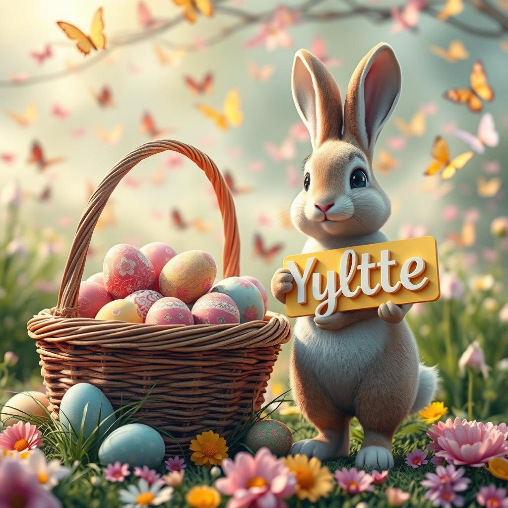 A captivating and vibrant 3D rendering of an Easter scene, featuring a stunning, overflowing basket filled with intricately detailed Easter eggs showcasing a variety of vivid colors and elaborate patterns