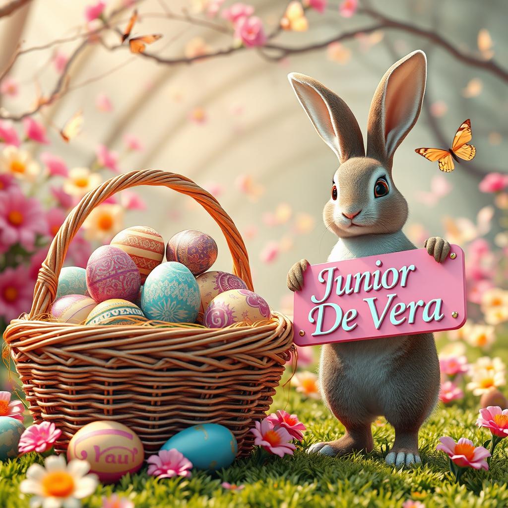 A captivating and vibrant 3D rendering of an Easter scene, showcasing a stunning, overflowing basket filled with intricately detailed Easter eggs featuring a variety of vibrant colors and elaborate patterns