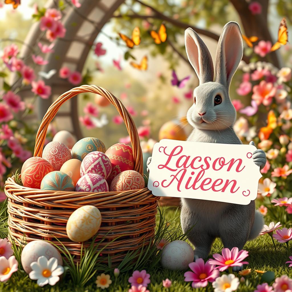 A captivating and vibrant 3D rendering of an Easter scene, featuring a stunning, overflowing basket filled with intricately detailed Easter eggs exhibiting a dazzling array of colors and elaborate designs