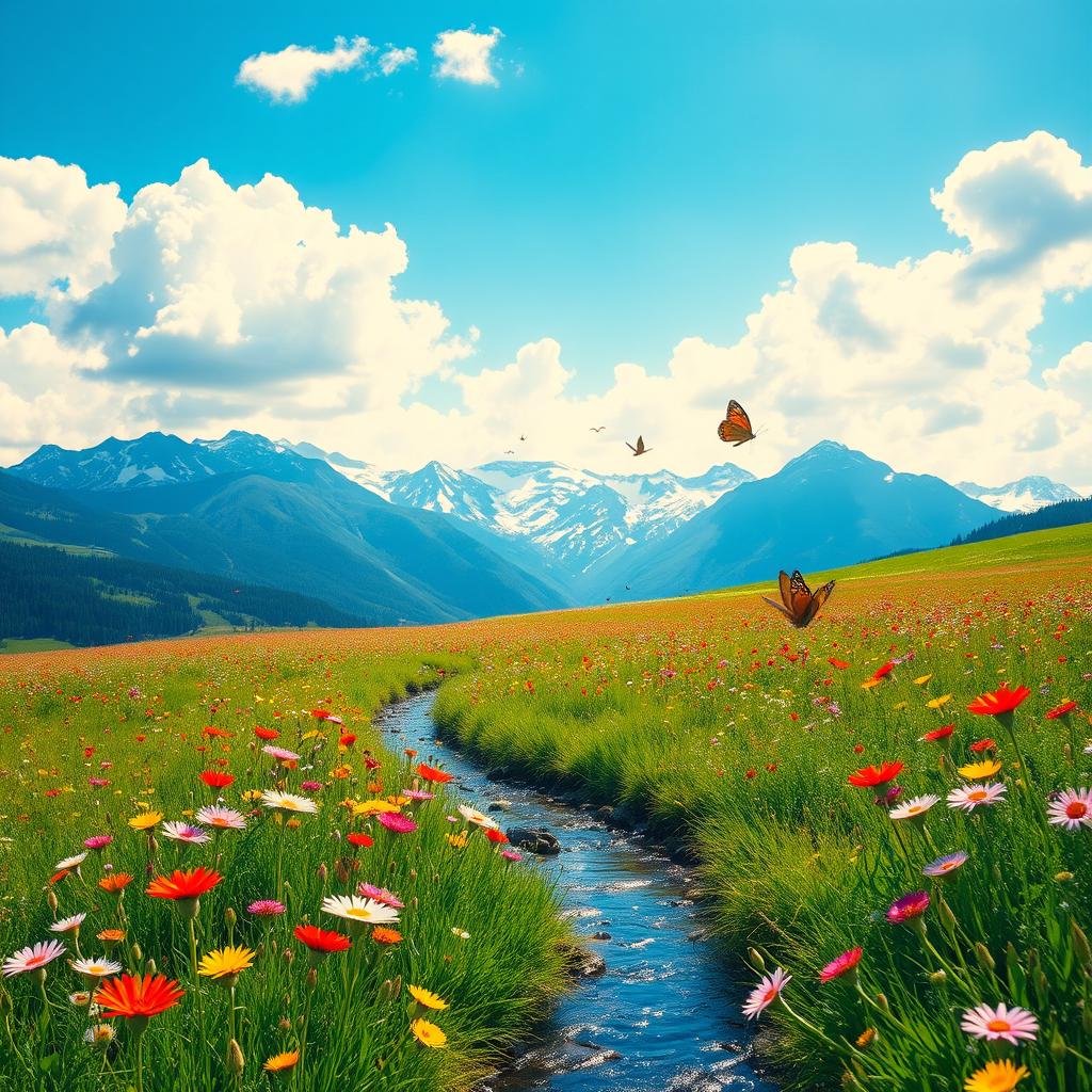 A serene landscape featuring a vast field of blooming wildflowers in vibrant colors, gently swaying under a bright blue sky with fluffy white clouds