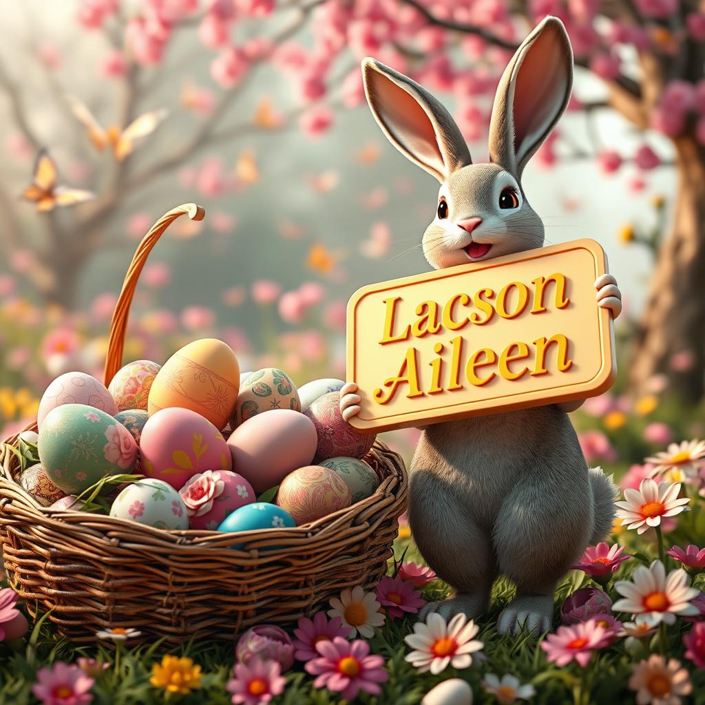 A captivating and vibrant 3D rendering of an Easter scene, featuring a stunning, overflowing basket filled with intricately detailed Easter eggs that showcase a multitude of vibrant colors and elaborate designs
