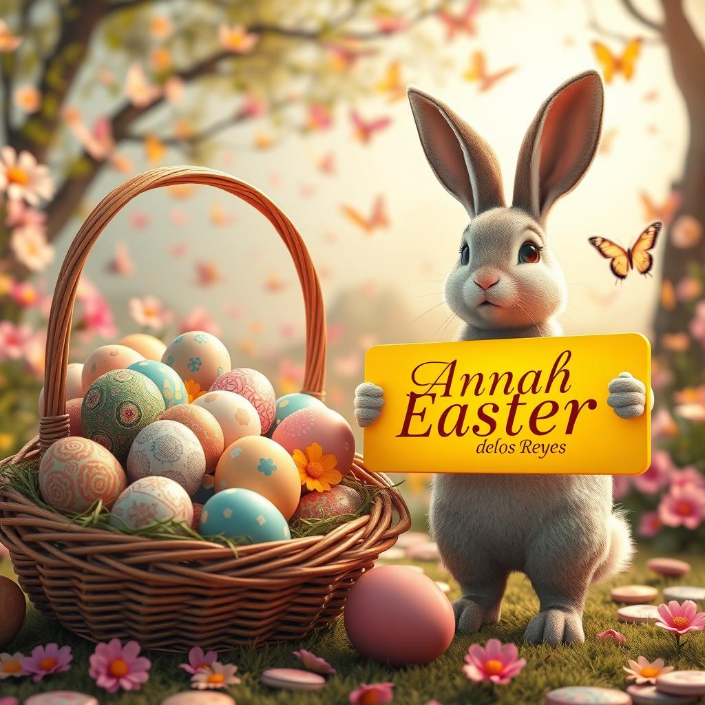 A captivating and vibrant 3D rendering of an Easter scene, featuring a stunning, overflowing basket filled with intricately detailed Easter eggs showcasing a delightful array of colors and intricate designs