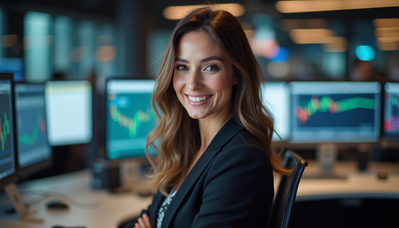A joyful Arabian lady in her 40s working as a financial trader, looking directly at the camera with a bright and engaging smile