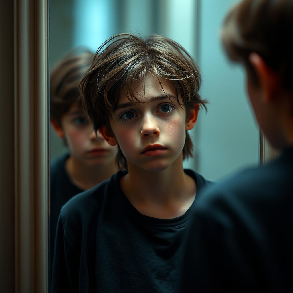 A young person standing in front of a mirror, gazing at their reflection with a deep sense of sadness