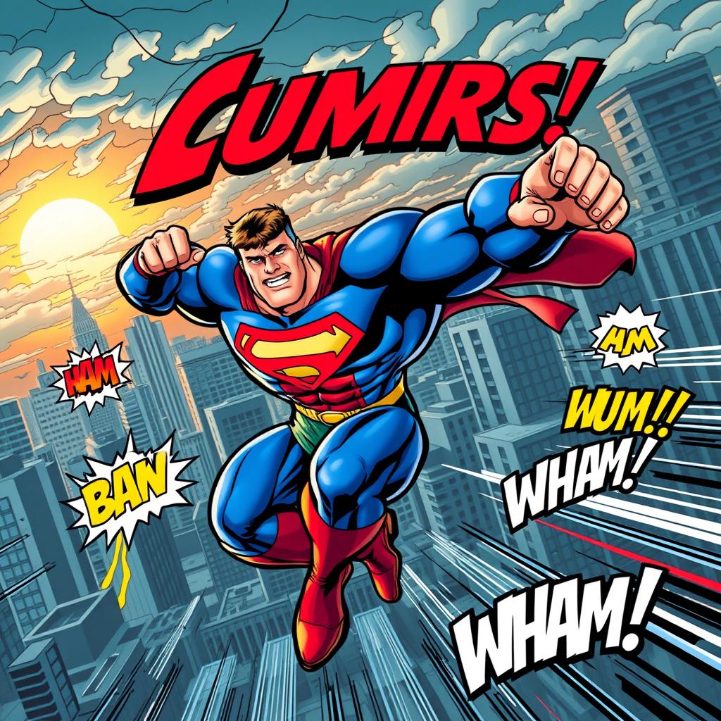 A dynamic comic book cover featuring a powerful superhero in action