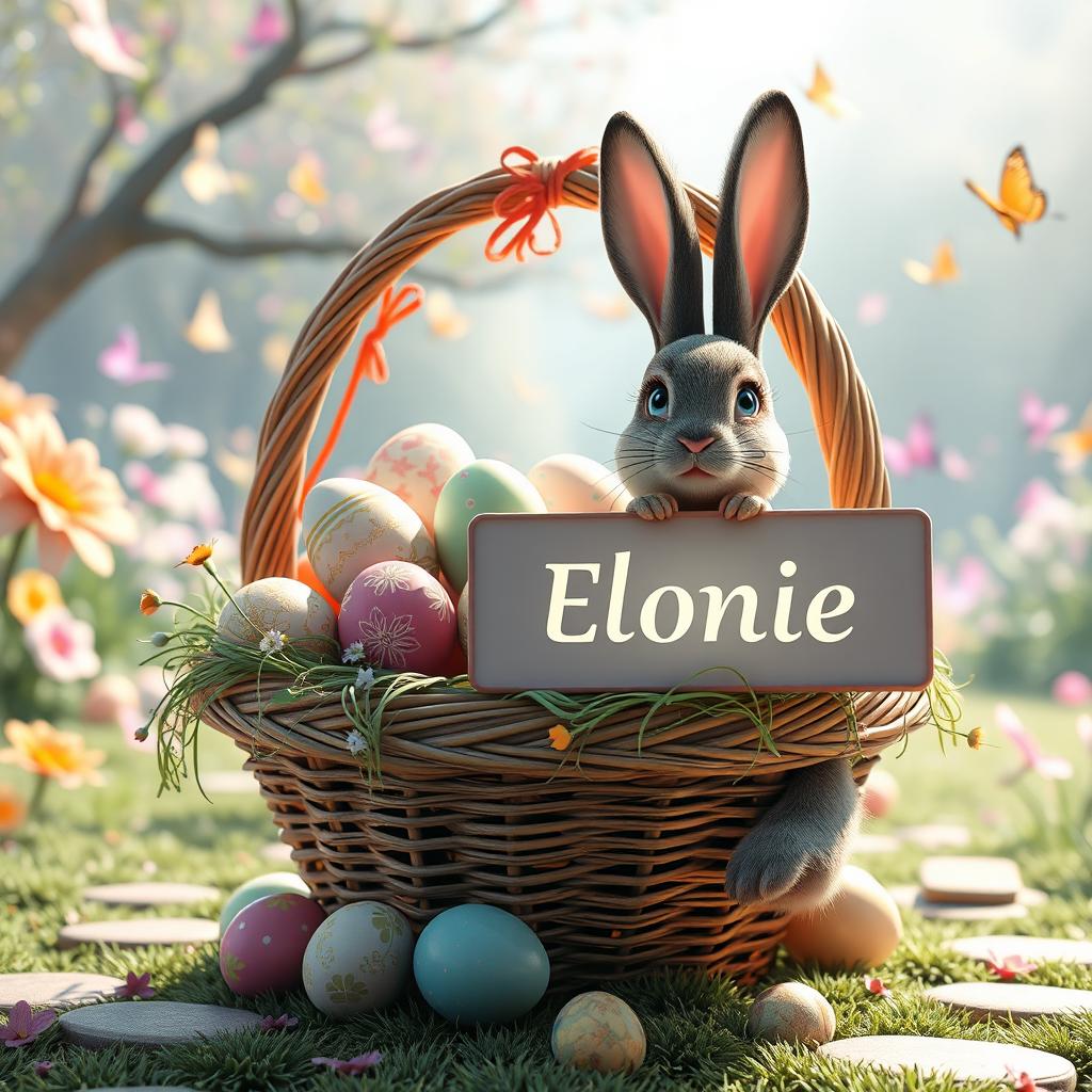 A captivating and vibrant 3D rendering of an Easter scene featuring a stunning, overflowing basket filled with intricately detailed Easter eggs