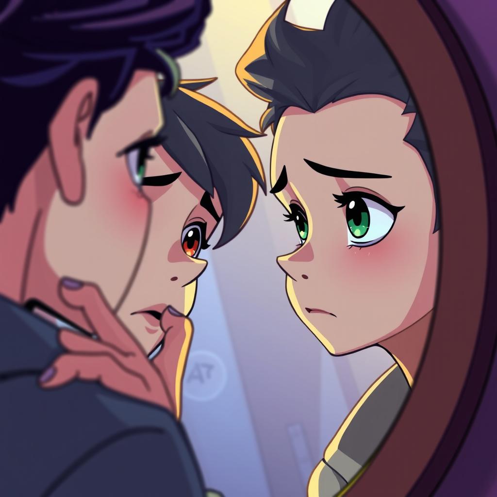 A young person gazing intently at their reflection in a mirror, showcasing a sense of sadness
