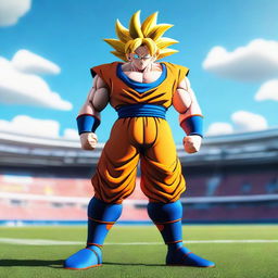 A detailed 3D render of Goku from Dragon Ball Z, standing confidently on a vivid, well-maintained Rugby field under a clear sky