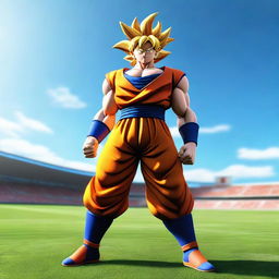 A detailed 3D render of Goku from Dragon Ball Z, standing confidently on a vivid, well-maintained Rugby field under a clear sky