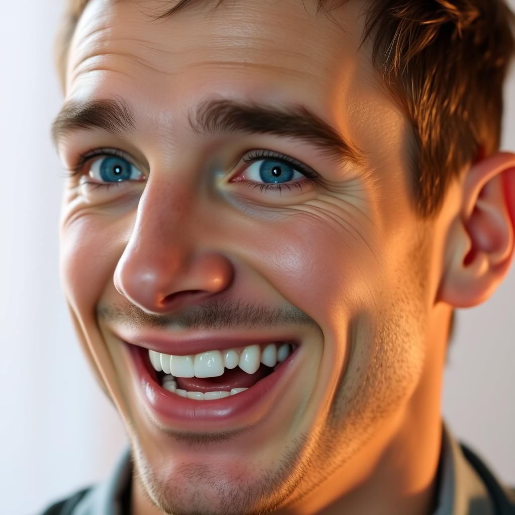 A close-up portrait of a charismatic man, with expressive features and vibrant blue eyes, smiling warmly