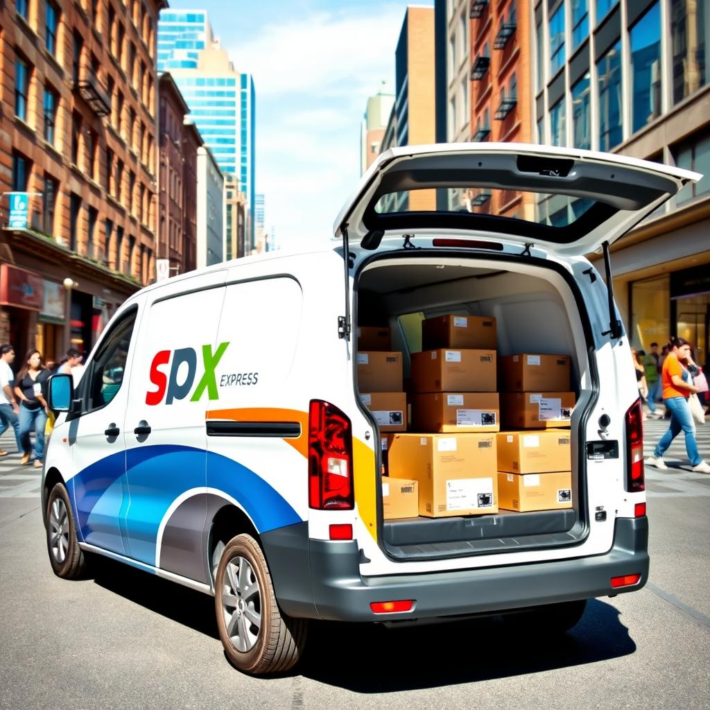 A dynamic and stylish delivery vehicle branded with the Spx Express logo, showcasing a modern design with sleek curves and vibrant colors