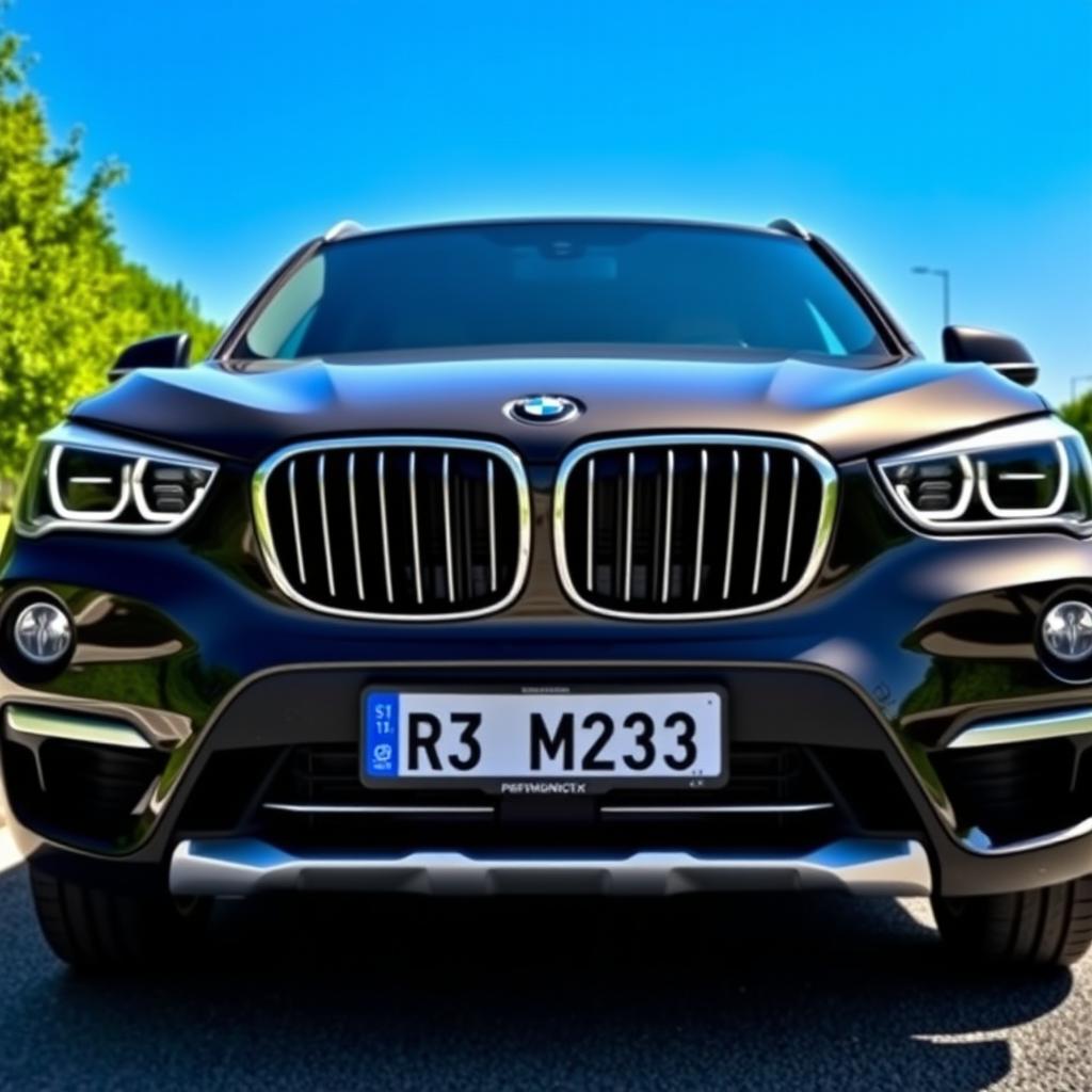 A front view of a sleek BMW X1 18i Urban, showcasing its modern design with sharp lines and a striking grille