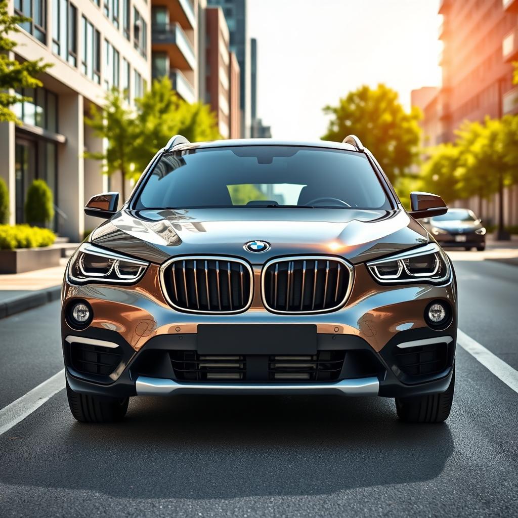 A front view of a stylish BMW X1 18i Urban, highlighting its contemporary design with bold lines and an eye-catching grille