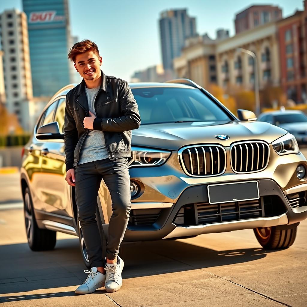 A young man standing confidently in front of a stylish BMW X1 18i Urban, showcasing its modern design