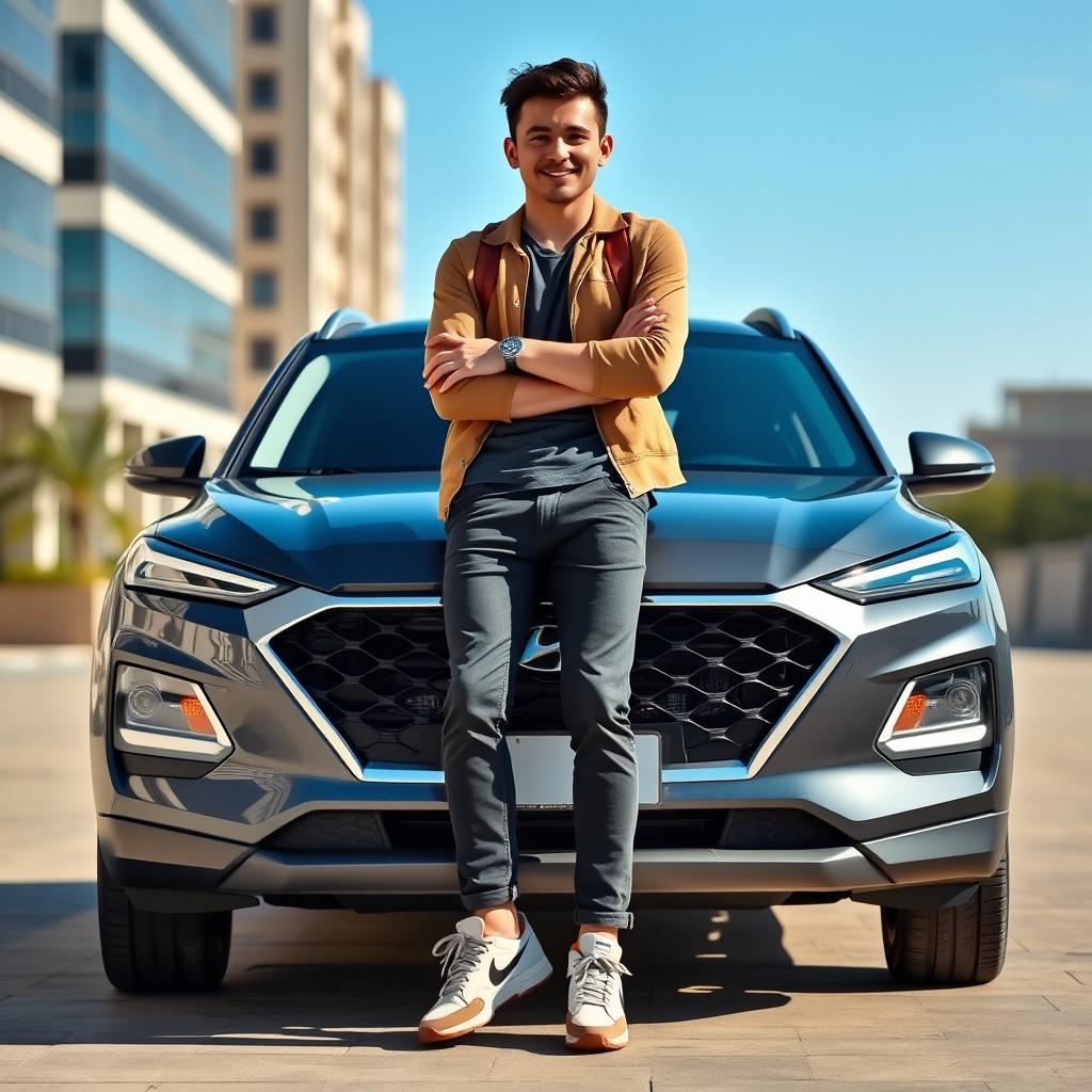 A young man standing confidently in front of a 2021 Hyundai Tucson, showcasing its sleek design and modern features