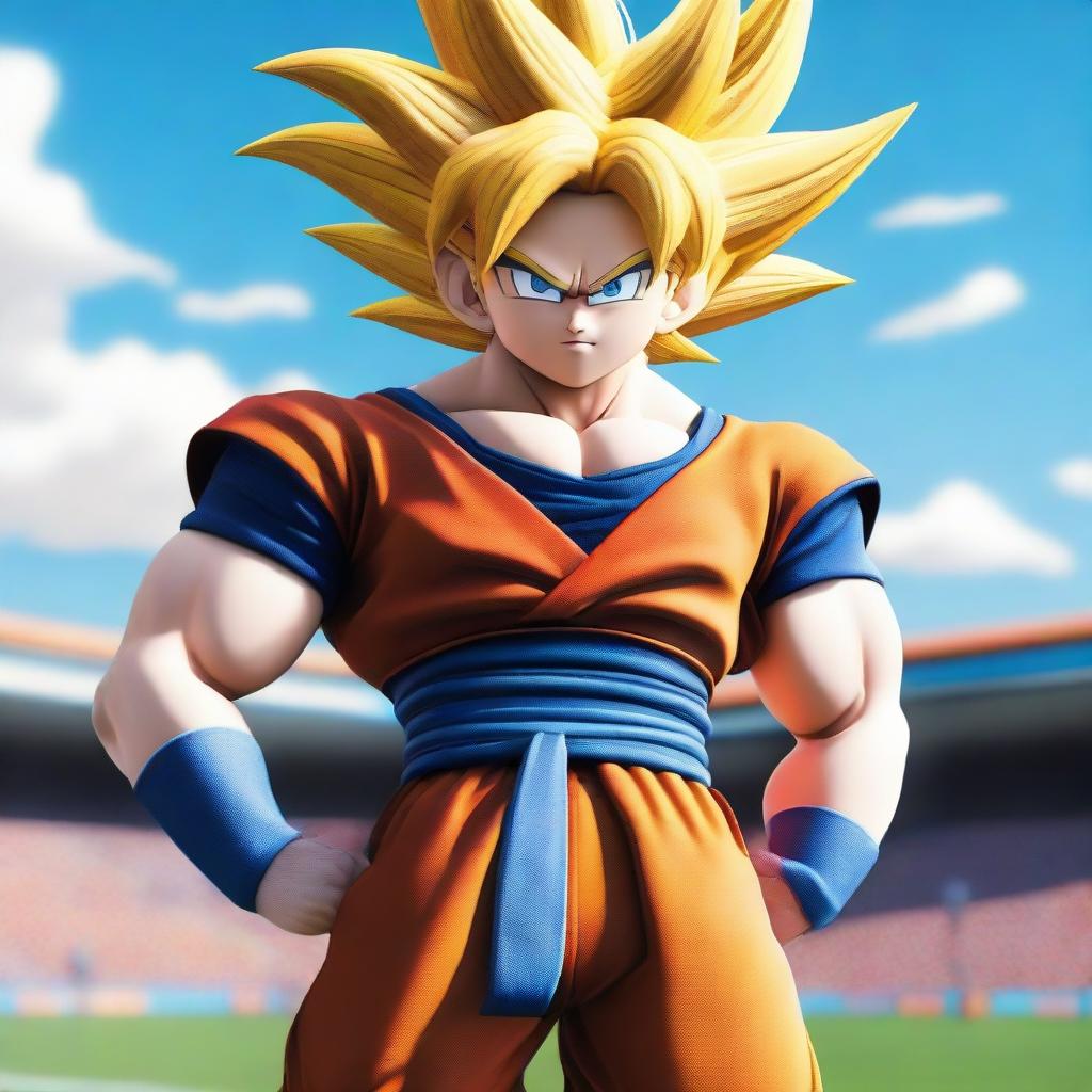 A detailed 3D render of Goku from Dragon Ball Z, standing confidently on a vivid, well-maintained Rugby field under a clear sky