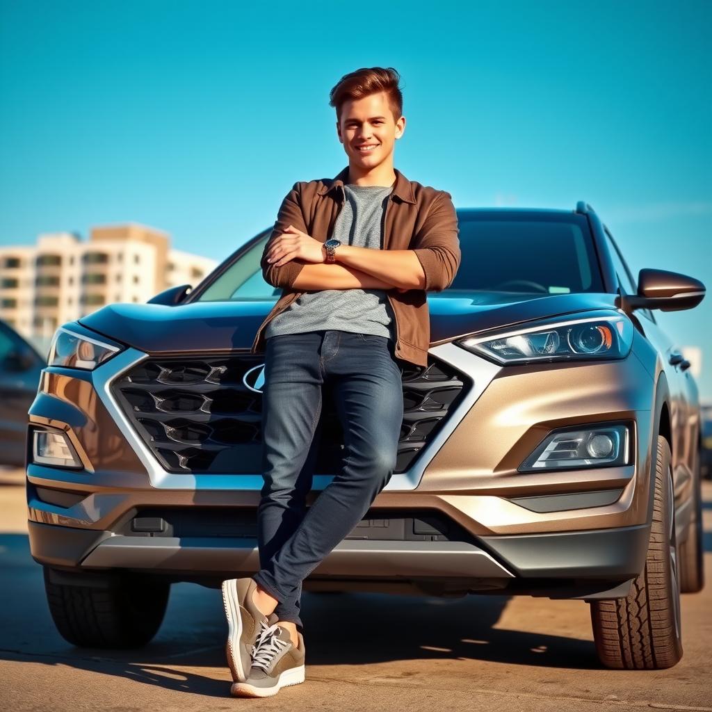 A young man standing confidently in front of a 2020 Hyundai Tucson, showcasing its sleek design and modern features