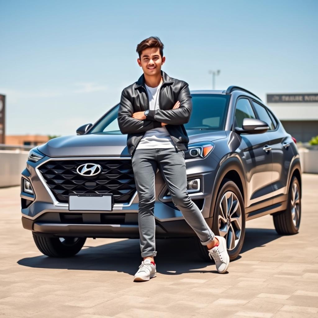 A young man standing confidently in front of a 2021 Hyundai New Tucson, showcasing its modern and dynamic design