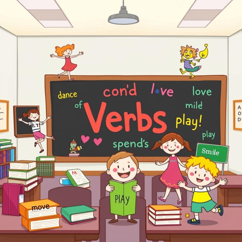 A whimsical illustration showcasing a series of verbs that end in 'e' and then have 'd' added to them