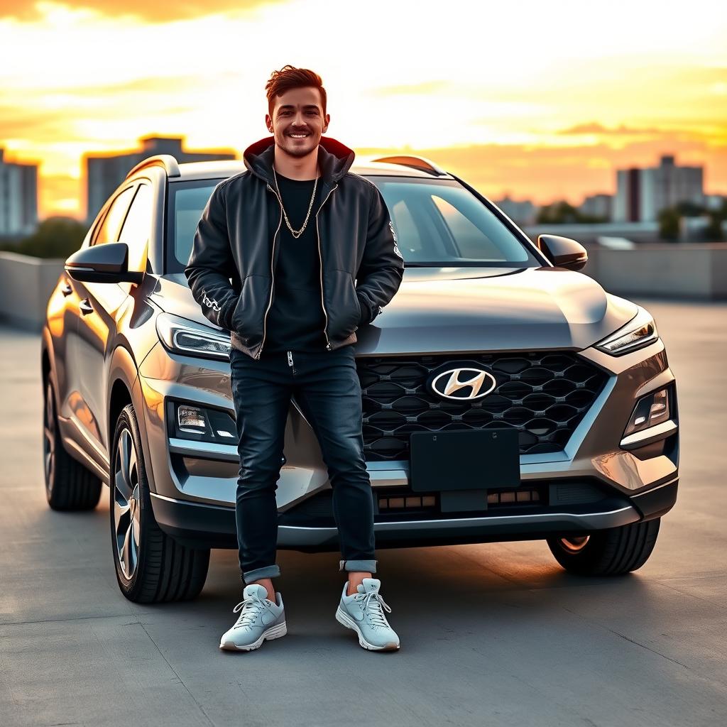 A young man standing confidently in front of a 2025 Hyundai New Tucson, showcasing its futuristic design and innovative features
