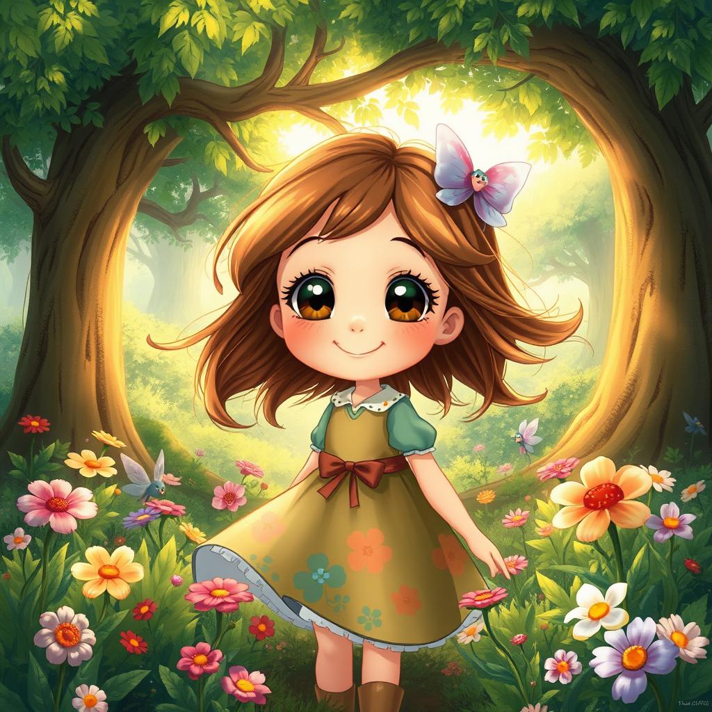 A whimsical fantasy landscape featuring a young girl with big expressive eyes and flowing hair, inspired by Studio Ghibli's enchanting art style