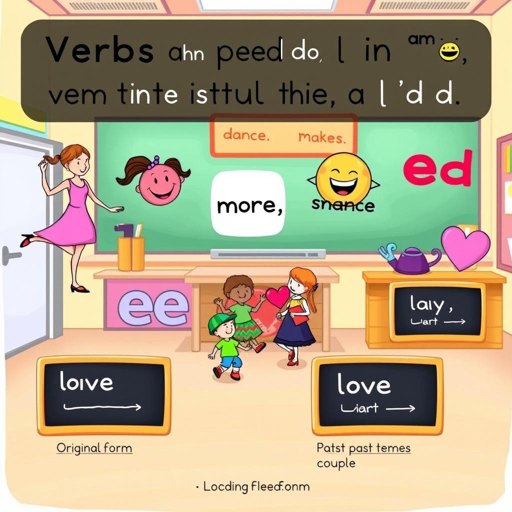 A vibrant and playful illustration showcasing a variety of verbs that end in 'e' and transform into their past tense by adding 'd'