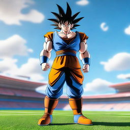 A detailed 3D render of Goku from Dragon Ball Z, standing confidently on a vivid, well-maintained Rugby field under a clear sky