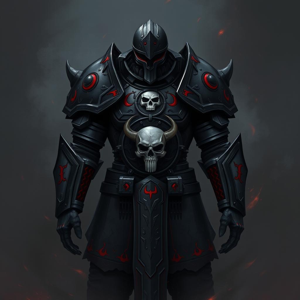 An empty suit of heavy armor emblazoned with Bhaal's mark, featuring the image of a skull encircled by the emblem of chaos