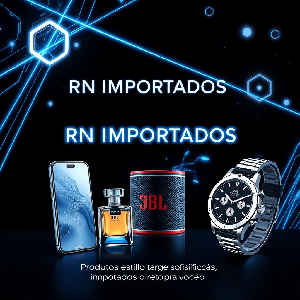 A sophisticated black or dark blue background adorned with abstract neon blue and silver lines, sparkling geometric shapes like hexagons and technological circuits appearing to float in the space