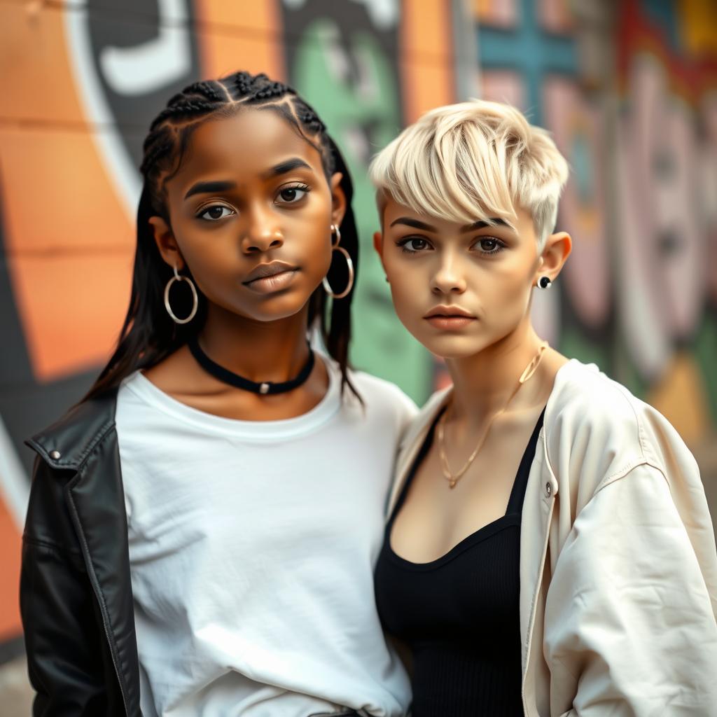 A stylish portrait of two girls standing side by side, with the girl on the right having a trendy blonde buzz cut hairstyle