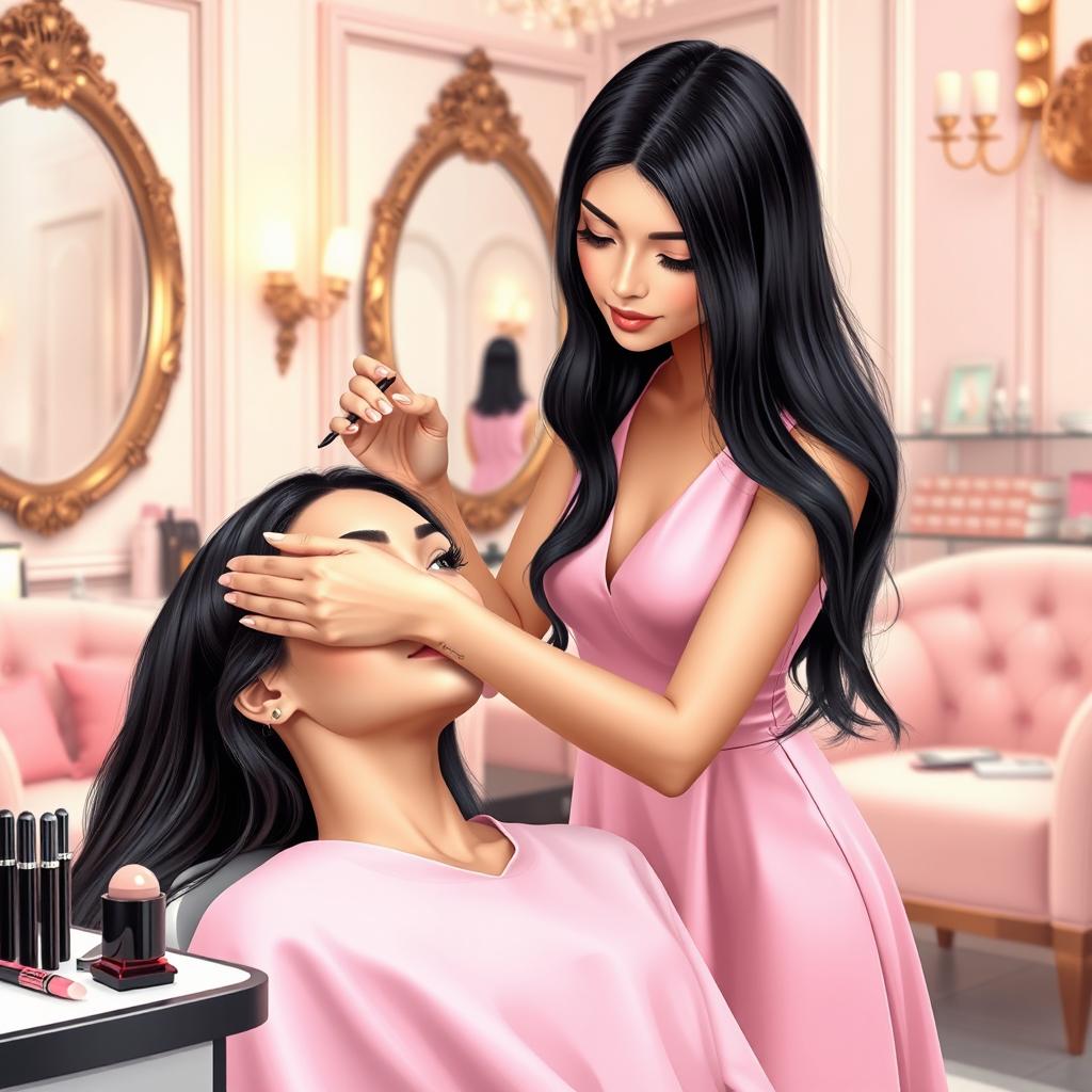 A realistic image of a beautiful girl with long black hair, wearing a stylish pink dress, expertly shaping the eyebrows of her client in an elegantly decorated room